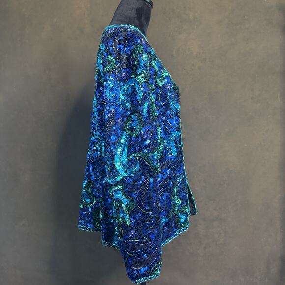 Vintage Laurence Kazar Silk Sequin Jacket XL Blue Green Beaded Evening Coat 80s - Picture 2 of 10